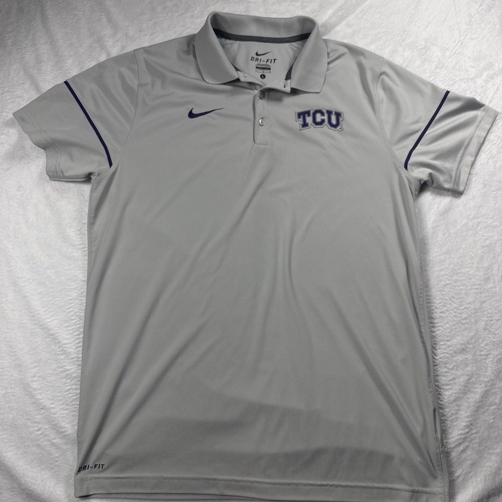 TCU Horned Frogs Shirt Mens Large Gray NCAA Golf Nike Dri Fit Polo Short Sleeve